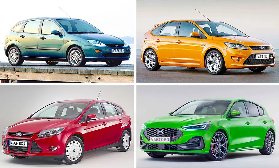 Drei Ford Focus (1998-2025) in einer Collage zusammengefasst.