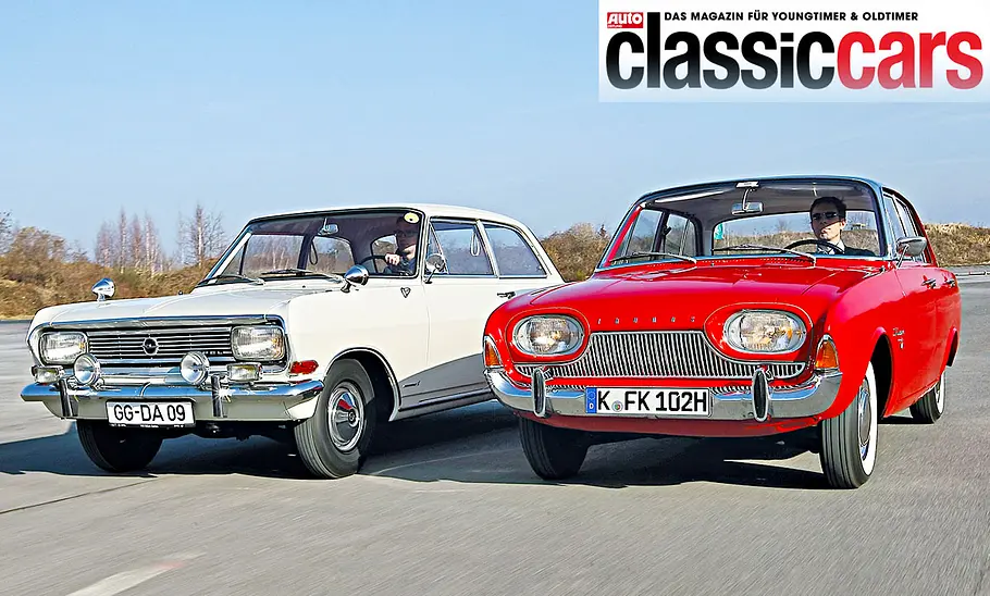 Ford Taunus 17M P3/Opel Rekord B Ford Taunus 17M P3, Opel Rekord B fahrend von schräg vorne fotografiert.