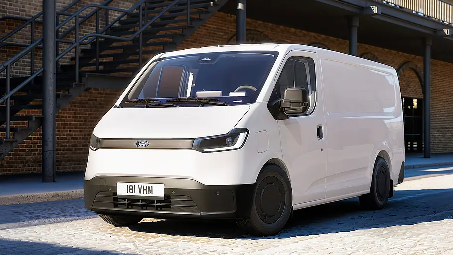 Ford Transit City (2026) Blick von schräg vorne auf den Ford Transit City (2026).
