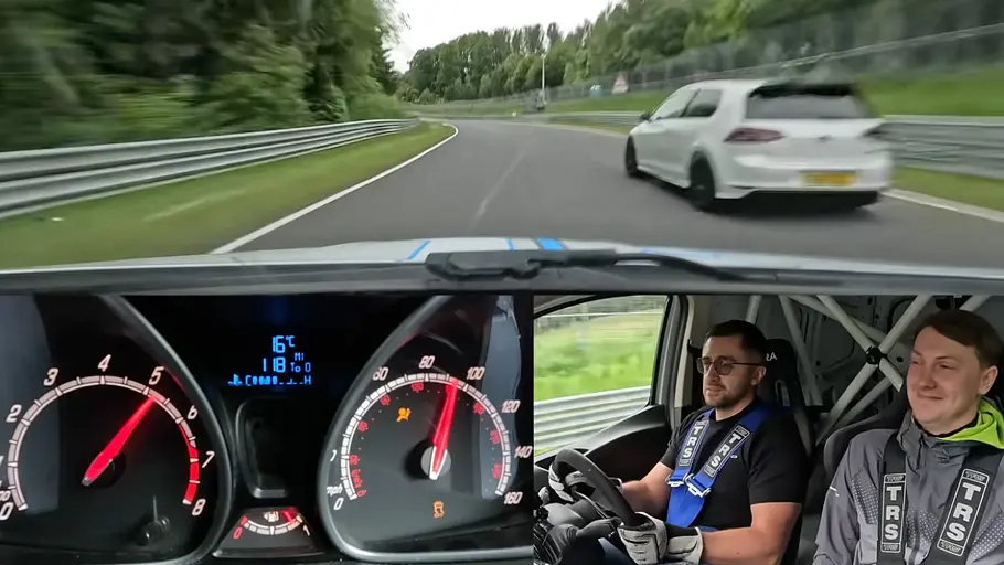 Collage aus Ansichten von der Touristenfahrt auf dem Nürburgring mit Ford Transit ST: Tacho im Detail, zwei Personen im Cockpit und Blick aus dem Fahrzeug nach vorne auf die Strecke.