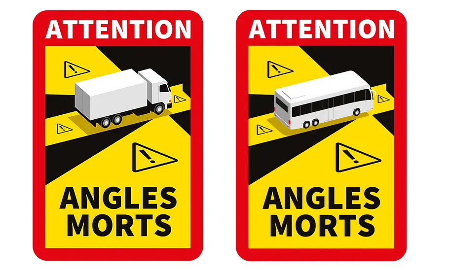 Das Bild zeigt zwei Angles Morts-Schilder für Fahrzeuge über 3,5 t in Frankreich. Links das Schild mit einem Lkw, rechts mit einem Reisebus.