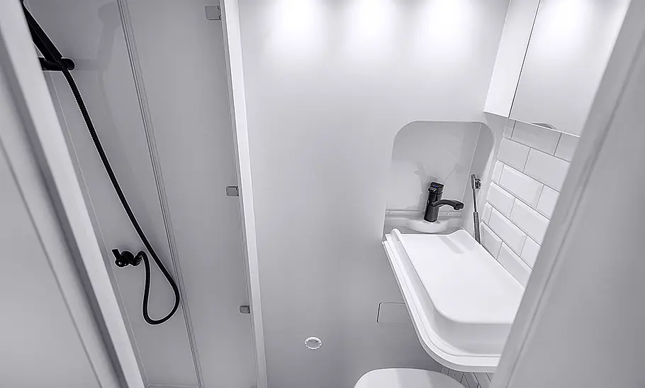 Das Bild zeigt das Badezimmer des Freedo RV 636 (2025).
