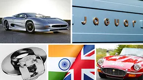 Collage aus dem Jaguar XJ220, dem neuen Jaguar-Schriftzug 2024, der Scheibenbremse des C-Type, zweier Flaggen von Indien und England und dem E-Type - Foto: Jaguar/Imago/AUTO ZEITUNG Collage aus dem Jaguar XJ220, dem neuen Jaguar-Schriftzug 2024, der Scheibenbremse des C-Type, zweier Flaggen von Indien und England und dem E-Type - Foto: Jaguar/Imago/AUTO ZEITUNG