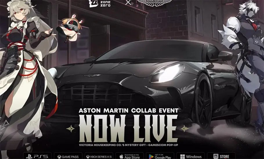 Aston Martin trifft HoYoverse Ein Aston Martin zwischen zwei virtuellen Computerfiguren vor einem dunklen Hintergrund.