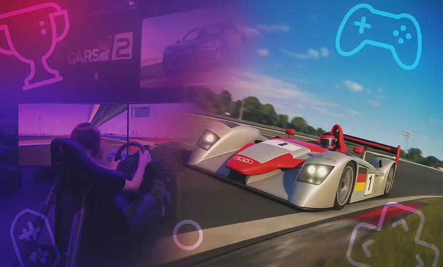 Gamescom trifft Auto-Welt Eine Collage mit dem Audi Le-Mans-Prototypen und einem Ausschnitt aus der Gamescom, wo ein Mensch vor Bildschirmen sitzt und spielt.