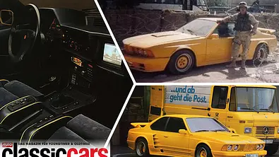 Collage zeigt den Innenraum des Gemballa M635 CSi (links), das Auto im Irak-Krieg mit US-Soldaten davor (oben rechts) und in einer Werbeaufnahme. - Foto: Gemballa/US Army/Collage: AUTO ZEITUNG