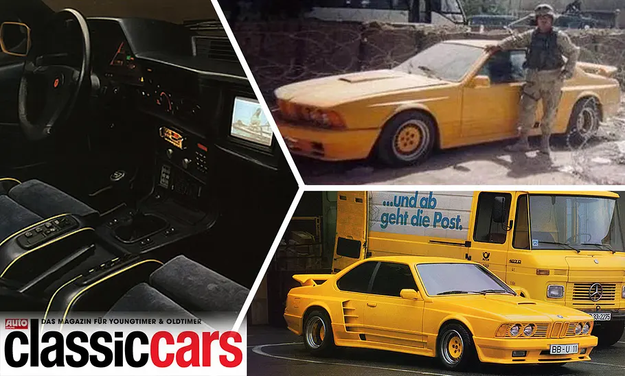 Collage zeigt den Innenraum des Gemballa M635 CSi (links), das Auto im Irak-Krieg mit US-Soldaten davor (oben rechts) und in einer Werbeaufnahme.