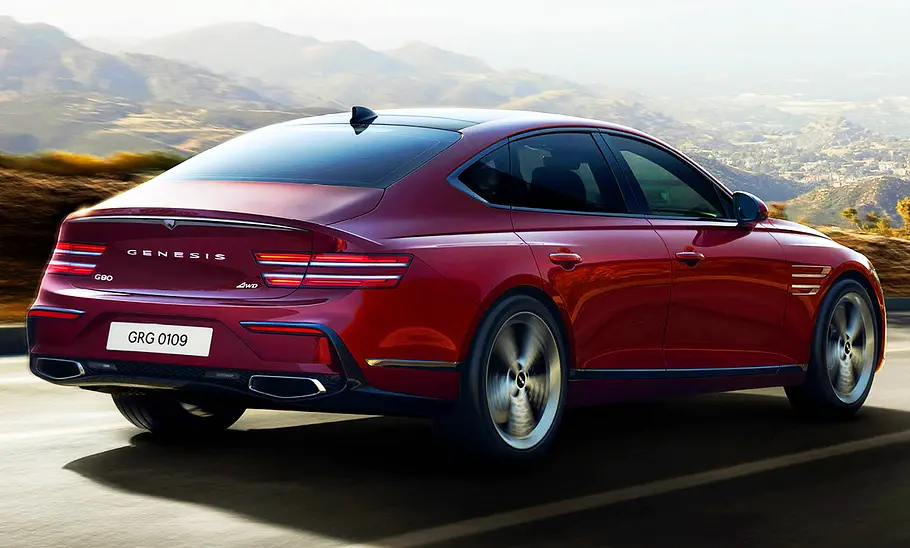 Genesis G80 Facelift (2024) Blick von schräg hinten auf den Genesis G80 Facelift (2024).