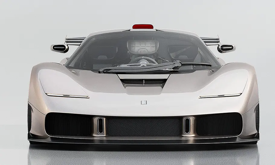 Blick von vorne auf den Supersportler Gordon Murray S1 LM (2025).