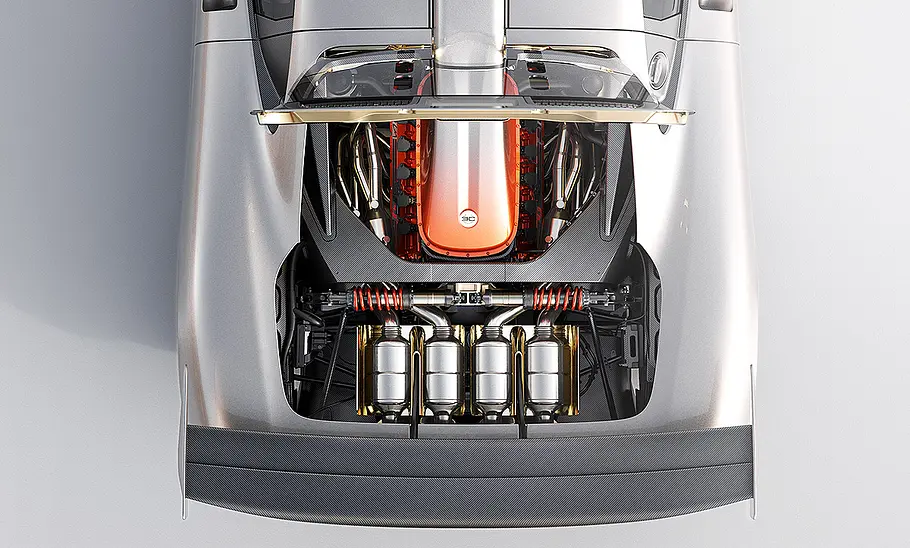 Blick durch die geöffnete Motorhaube auf den V12-Motor des Gordon Murray S1 LM (2025).