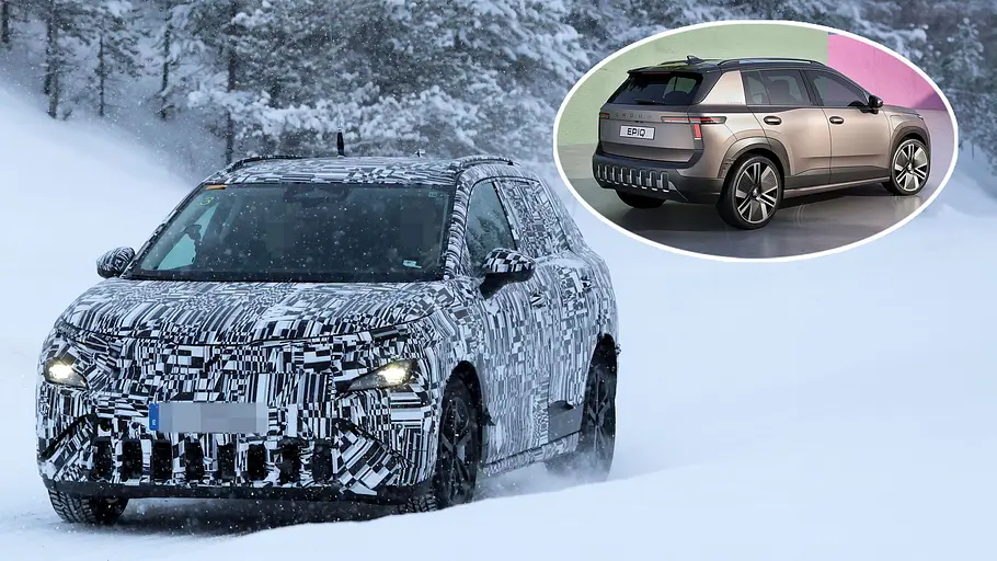 Skoda Epiq Eine Collage zeigt den Skoda Epiq als Erkönig im Schnee und als Studie.
