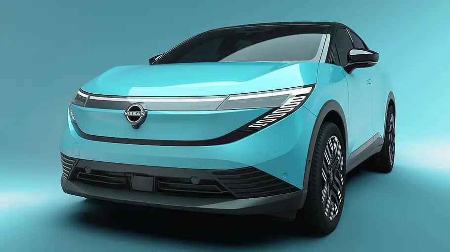 Nissan Leaf Türkiser Nissan Leaf steht vor türkisem Hintergrund, Ansicht von vorne.