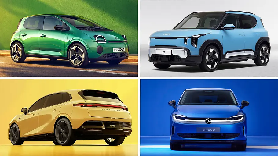 Eine Collage zeigt vier günstige E-Auto-Neuheiten.