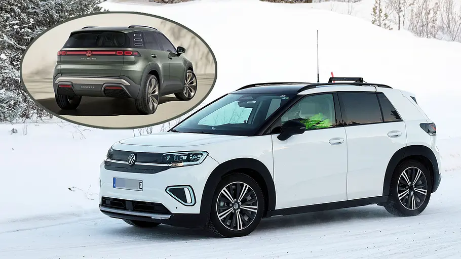 VW ID. Cross Eine Collage zeigt den VW ID. Cross als Erlkönig im Schnee und als Studie.