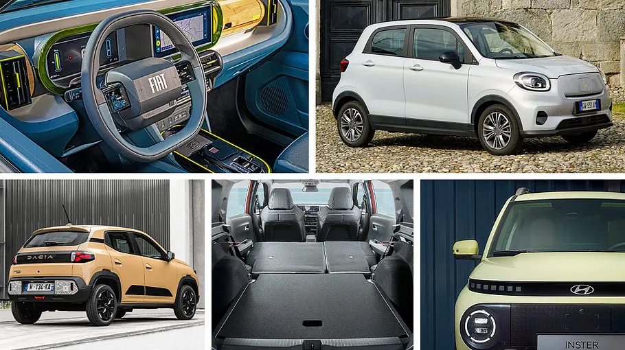 Eine Collage zeigt fünf Autos aus dem Ranking der günstigsten E-Autos.
