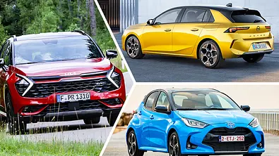Die günstigsten Hybridautos als Collage aus Kia Sportage, Opel Astra und Toyota Yaris - Foto: Hersteller/Collage: AUTO ZEITUNG