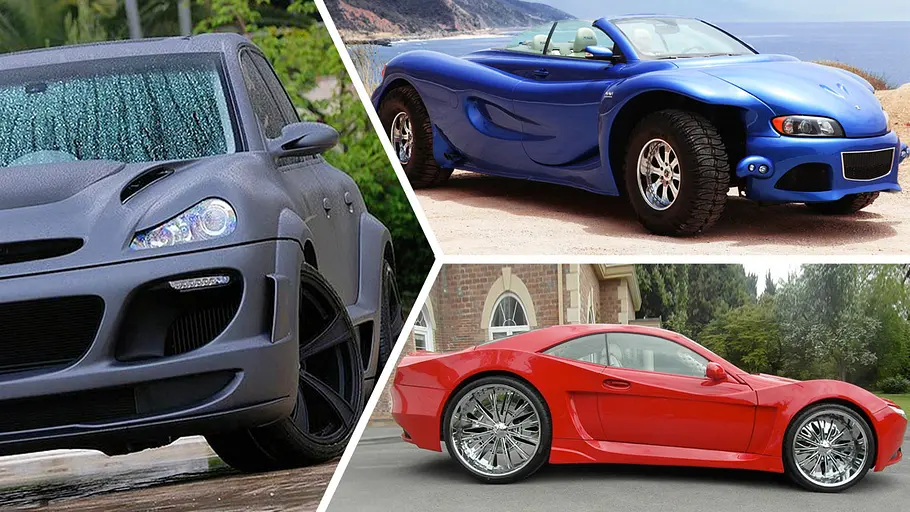 Die hässlichsten Tuning-Autos: Top-13 Symbolbild für Top-13 der hässlichsten Tuning-Autos zeigt Gemballa Tornado 750 GTS 4 (links), Youabian Puma (oben) und AG Excalibur Mercedes CL.