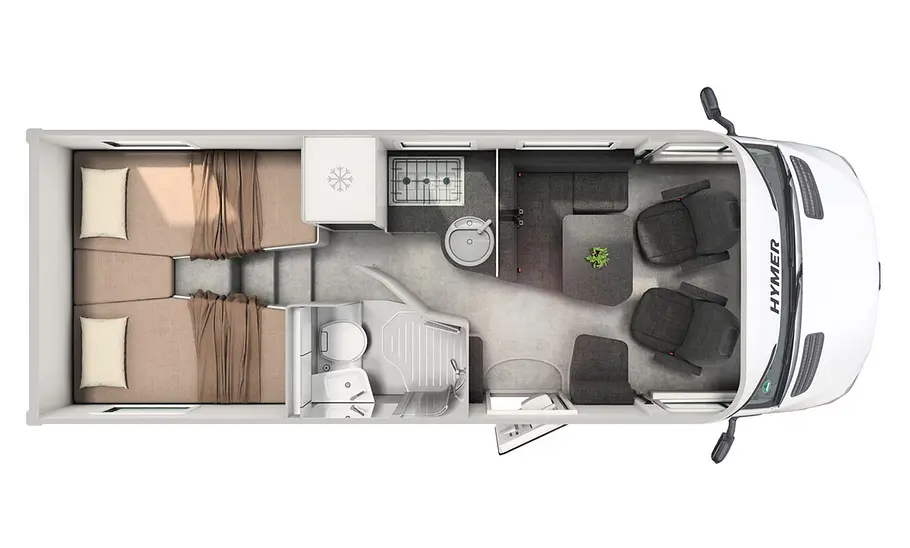 Die Zeichnung veranschaulicht den Grundriss der Hymer B-Klasse Modern Comfort T 600 (2025).