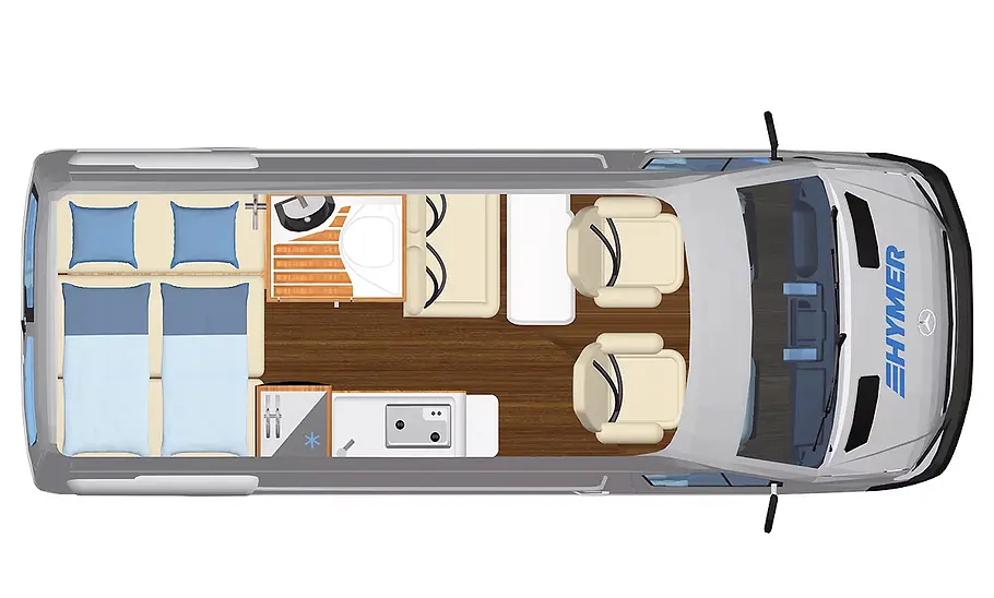 Die Skizze zeigt den Grundriss des Hymer Free S 600 Campus (2024).