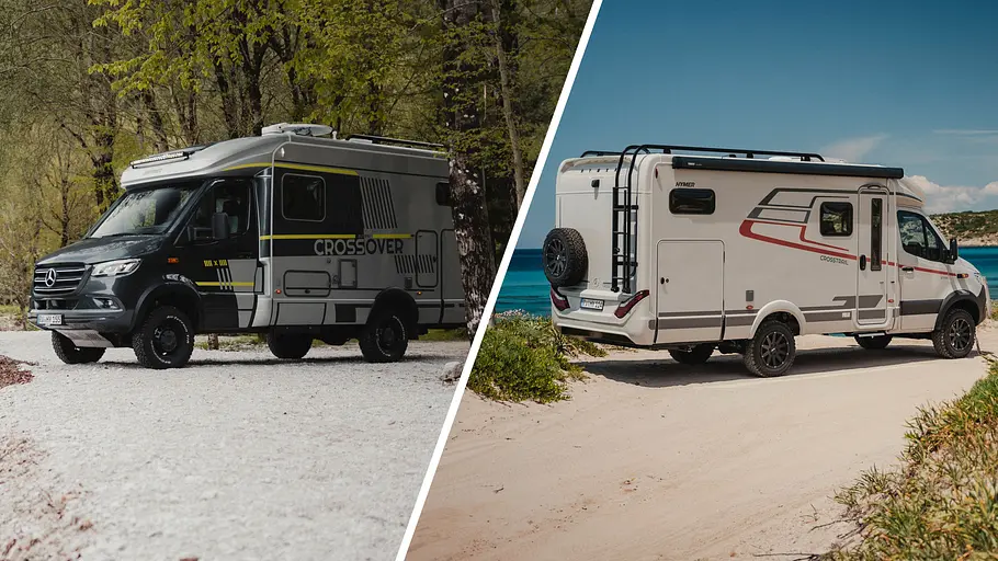 Die Collage zeigt die Hymer ML-T Editionsmodelle CrossOver (links) und CrossTrail (rechts).