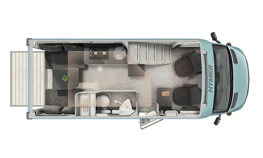 Die Skizze zeigt den Der Grundriss des Hymer Venture S (2025).