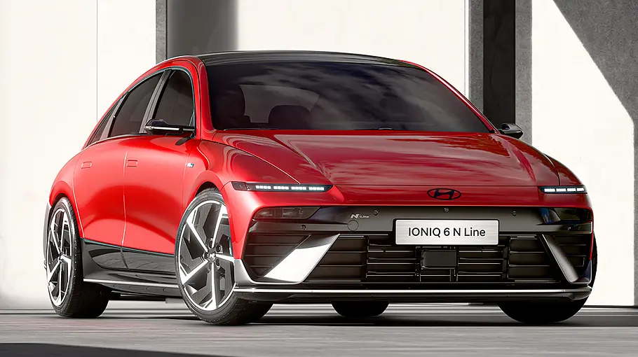 Das Hyundai Ioniq 6 N Line Facelift (2025), statisch von vorne rechts fotografiert.