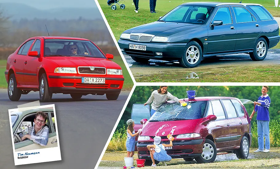 Collage mit Skoda Octavia, Lancia Kappa SW und Renault Espace sowie Redakteur Tim Neumann