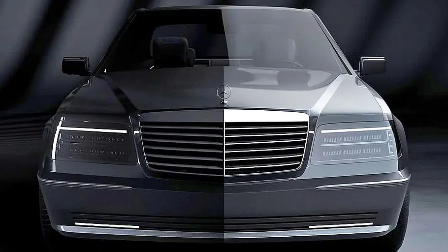 Der Mercedes S-Klasse (W140) Restomod stehend von vorne