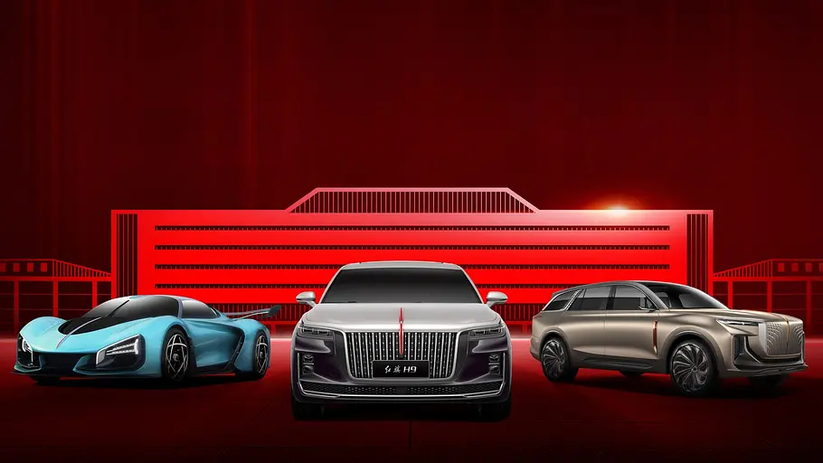 Hongqi-Modelle Drei Modelle von Hongqi vor rotem Hintergrund.