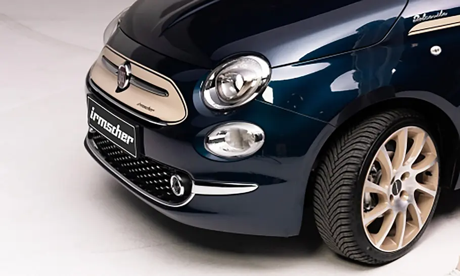 Fiat 500C von Irmscher Fiat 500C von Irmscher Detailansicht Felgen und Frontpartie