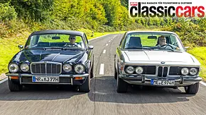 Jaguar XJ 4.2 C und BMW 3.0 CS fahrend von vorne. - Foto: Frank Ratering Jaguar XJ 4.2 C und BMW 3.0 CS fahrend von vorne. - Foto: Frank Ratering
