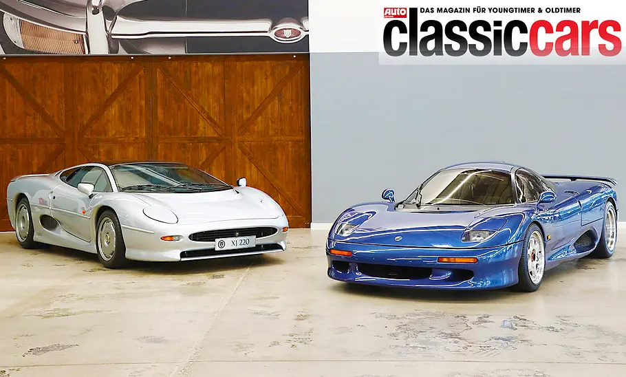 Jaguar XJ220 und Jaguar XJR-15 statisch von schräg vorne fotografiert.