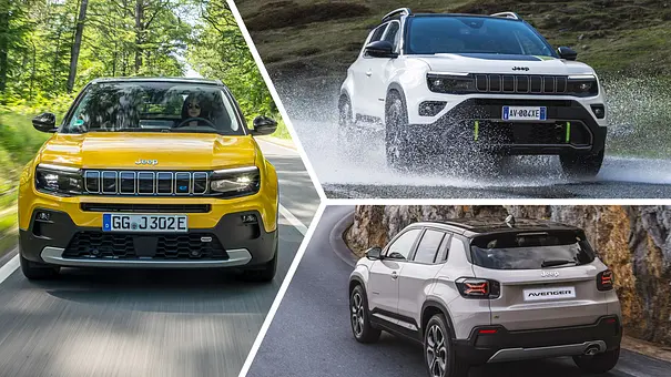 Der Jeep Avenger als Elektro (links), 4xe (oben rechts) und e-Hybrid. - Foto: Jeep/Collage: AUTO ZEITUNG Der Jeep Avenger als Elektro (links), 4xe (oben rechts) und e-Hybrid. - Foto: Jeep/Collage: AUTO ZEITUNG