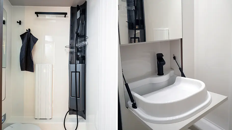 Die Collage zeigt das Badezimmer des Kabe Novum Traq 750. Links der gesamte Raum, rechts das Klapp-Waschbecken im Detail.
