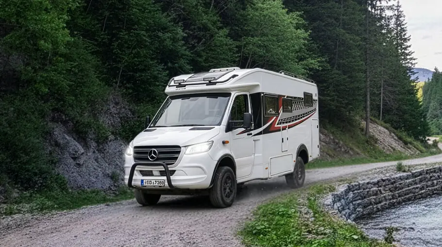 Der Kabe Novum Traq 750 fahrend von schräg vorne links auf einer Schotterstraße entlang eines Bachlaufs in bewaldetem Gebiet.
