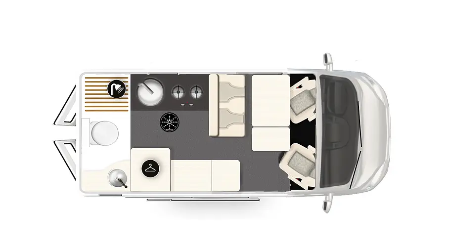 Karmann Dexter 595 (2026) Die Skizze zeigt den Grundriss des Karmann Dexter 595.