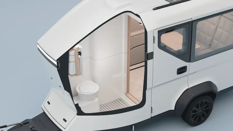 Durchsicht durch die Karosserie des Karoo Adventure Camper in die Nasszelle.