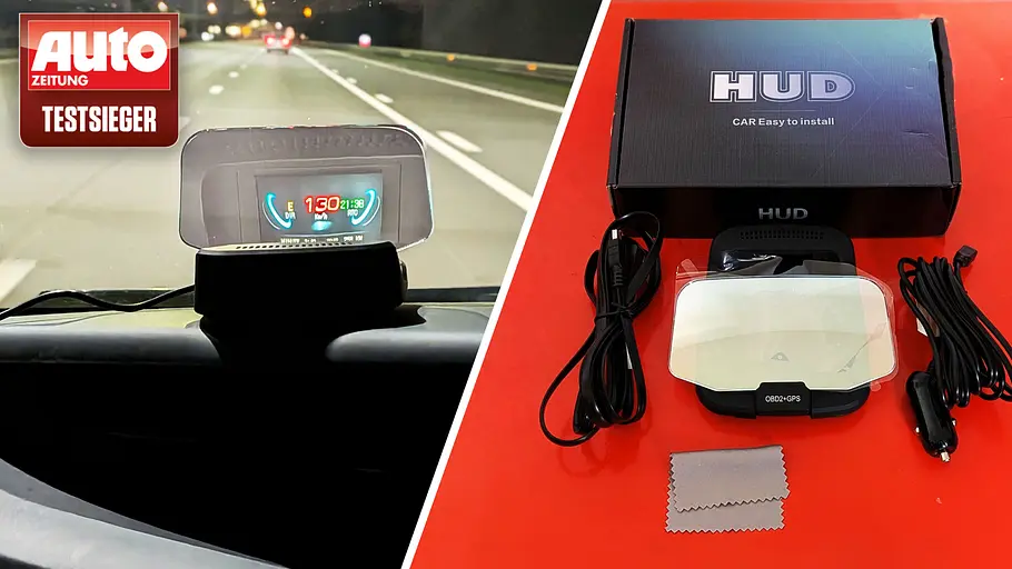 Die Collage zeigt eine nächtliche Autobahn mit Head-up-Display von Keenso zum Nachrüsten im Test. Rechts im Bild: Der gesamte Lieferumfang des Keenso C2 Auto HUD OBD2 GPS. 