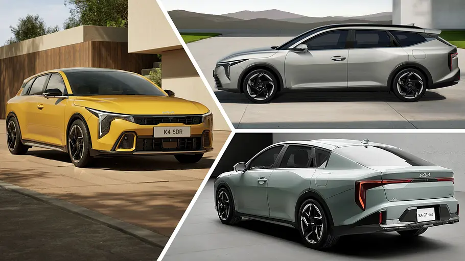 Der Kia K4 als Hatchback (links), Kombi (oben rechts) und Limousine.