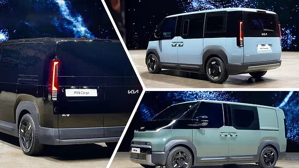 Alle Varianten des Kia PV5 in einer Collage zusammengefasst: Car (links), Passenger (oben rechts) und Crew (unten rechts). - Foto: Kia