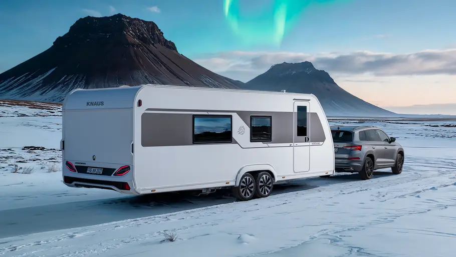Knaus Nordwind Der Knaus Nordwind statisch von schräg hinten rechts auf Schnee stehend. Der Hänger wird von einem Skoda Kodiaq gezogen. Im Hintergrund Nordlichter am Himmel.