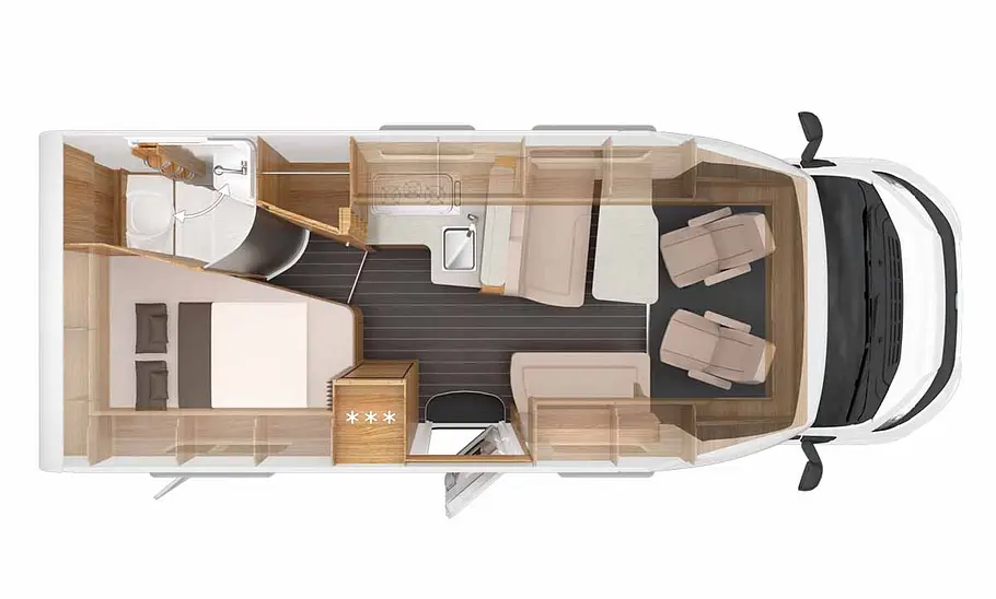 Die Skizze zeigt den Grundriss des Knaus Sky TI 650 MEG (2025).