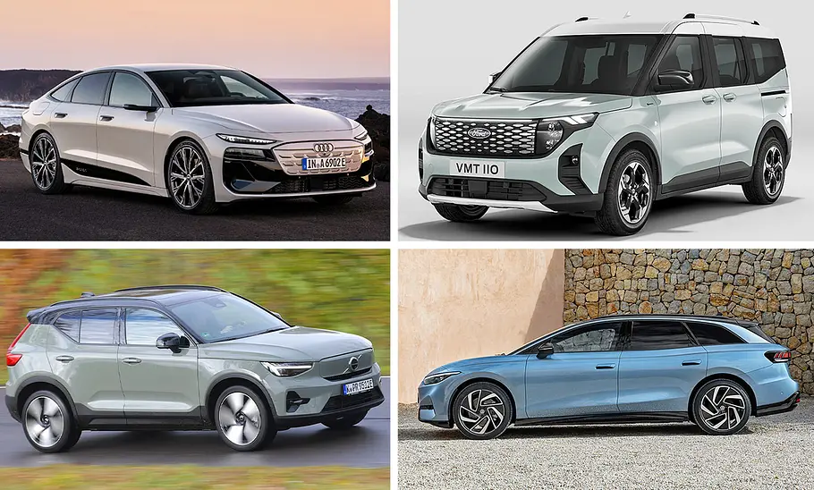 Elektroauto als Dienstwagen Elektroauto als Dienstwagen: Kollage aus Audi A6 Sportback e-tron, Ford E-Tourneo Courier, Volvo EX40 und VW ID.7 Tourer.