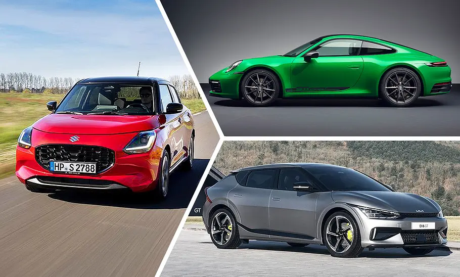 Der Suzuki Swift mit dem Porsche 911 und dem Kia EV9 in einer Collage.