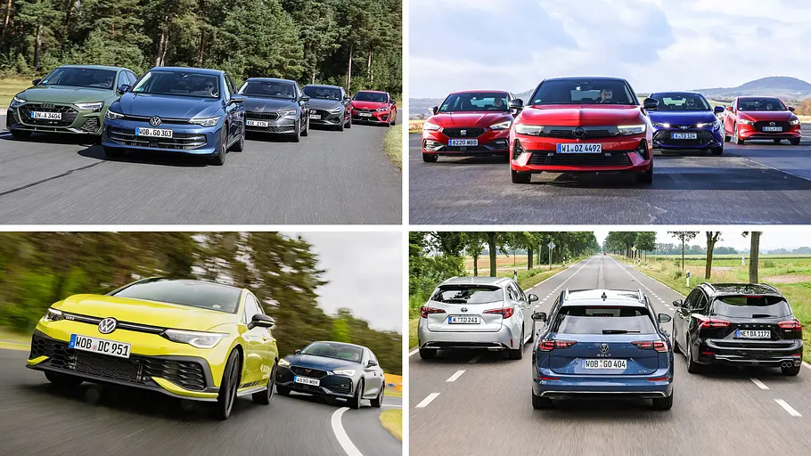Beste Kompaktwagen im Ranking Eine Collage zeigt vier Fotos von jeweils mehreren Kompaktwagen.
