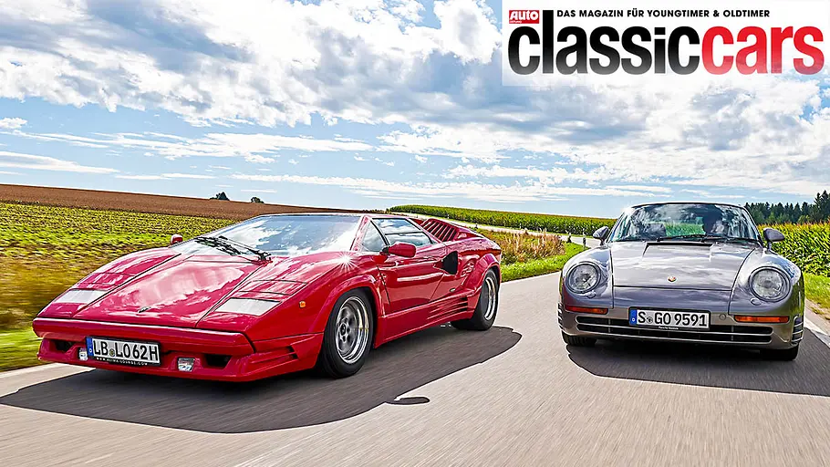 Lamborghini Countach/Porsche 959 Der Lamborghini Countach und Porsche 959 fahrend von schräg vorne fotografiert.