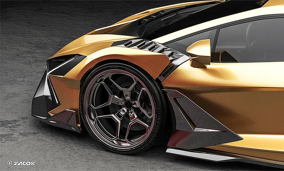Lamborghini Revuelto Widebody von Zacoe Blick auf die vorderen Kotflügel des Lamborghini Revuelto von Zacoe.