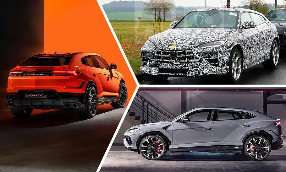 Collage aus den drei Lamborghini Urus-Modellen SE, S & dem neuen Erlkönig.