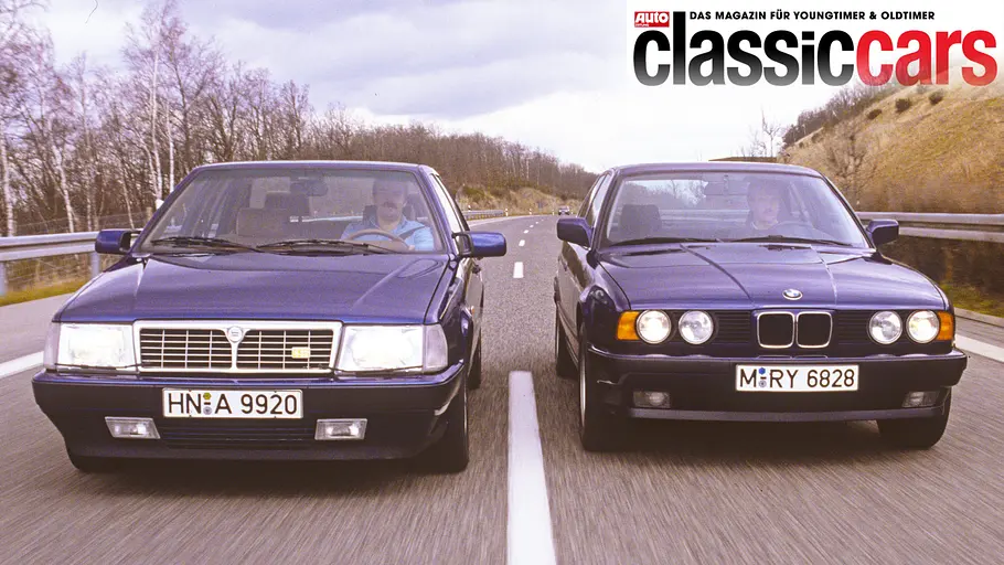 Lancia Thema 8.32 und BMW 535i fahrend von vorne.