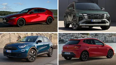Die Collage zeigt vier Fahrzeuge, die mit günstigen Leasingraten überzeugen. - Foto: Hersteller/Collage: AUTO ZEITUNG